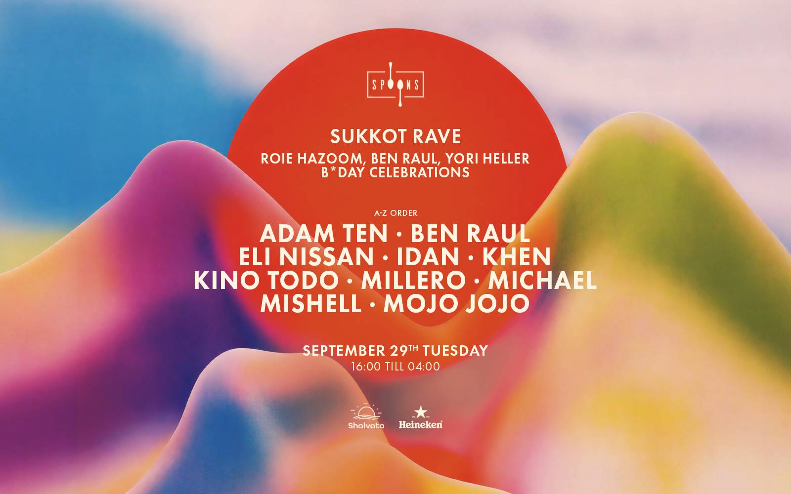 Spoons 29.9 Sukkot Rave — bday’s of Hazoom, Ben Raul, Yori w/ Adam Ten & More